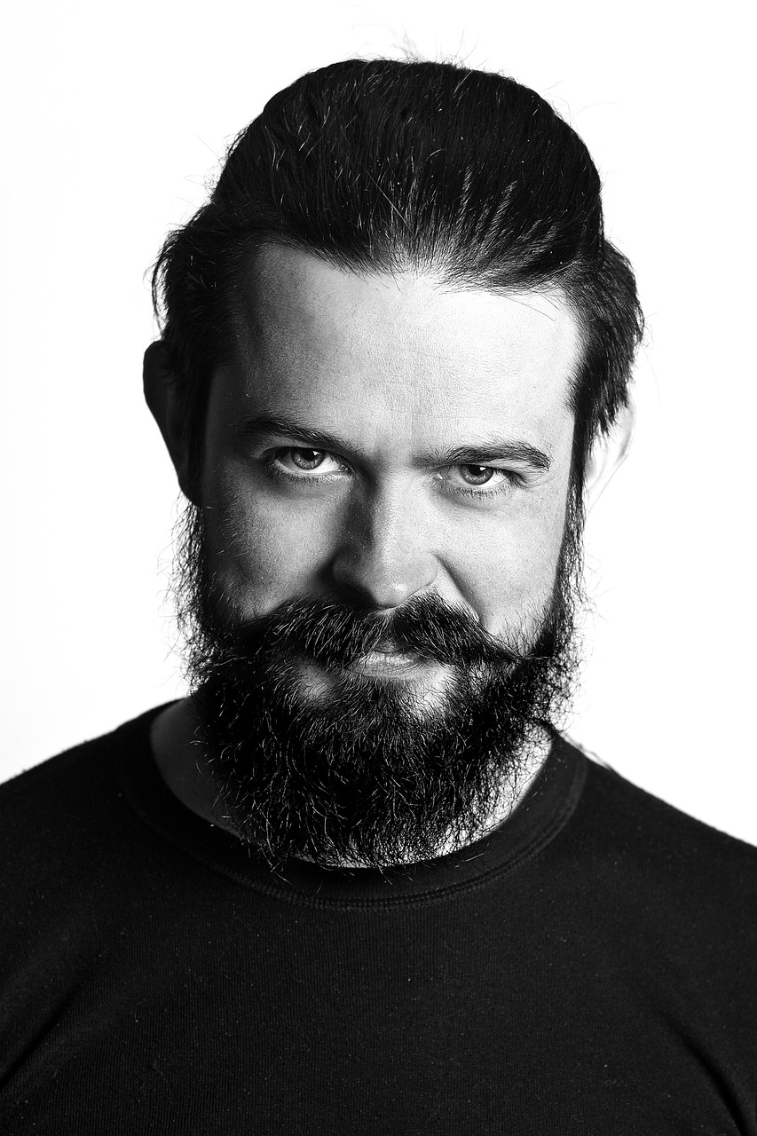 man, face, portrait, beard, mustache, guy, pose, black and white